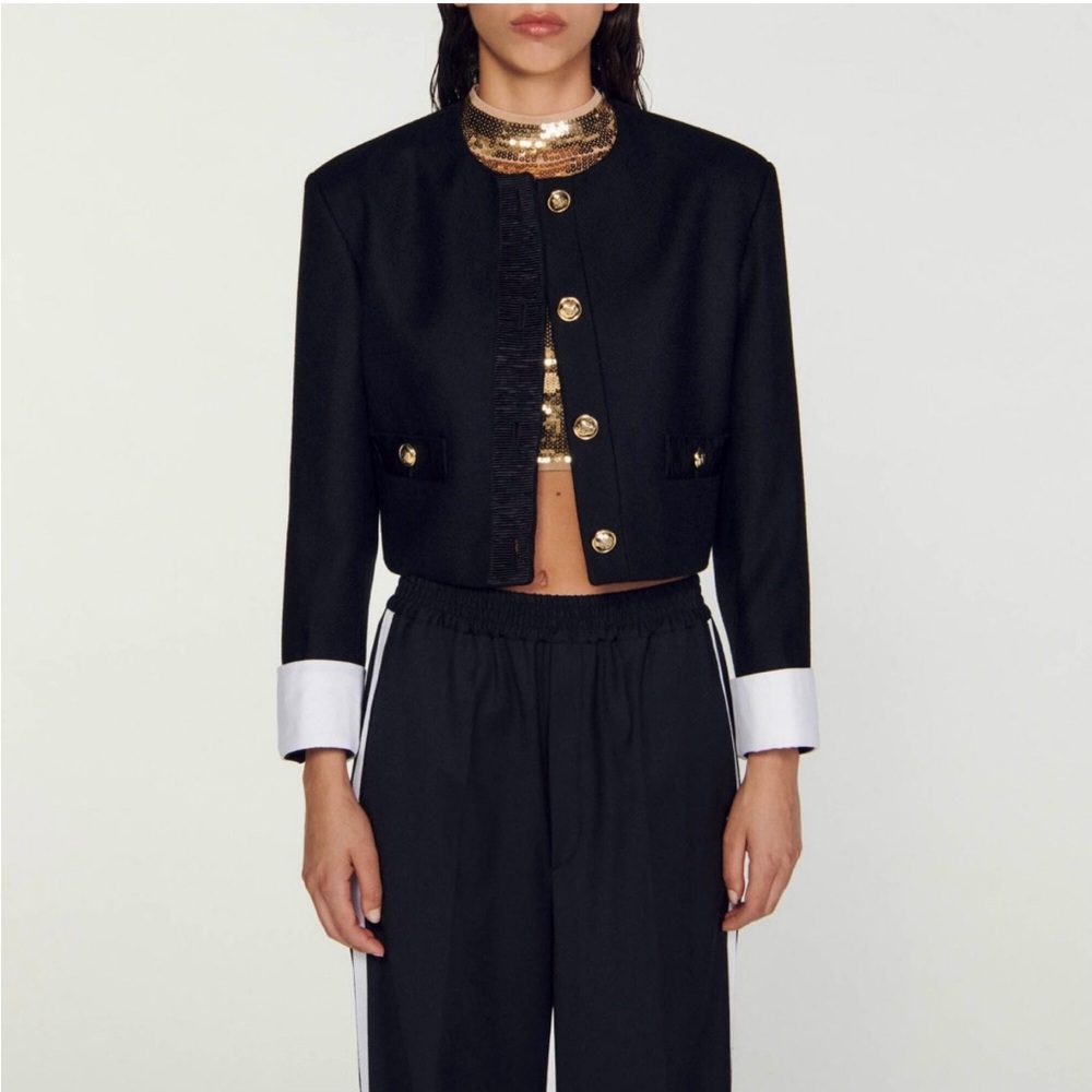 Black Cropped Collarless Blazer with Gold Buttons